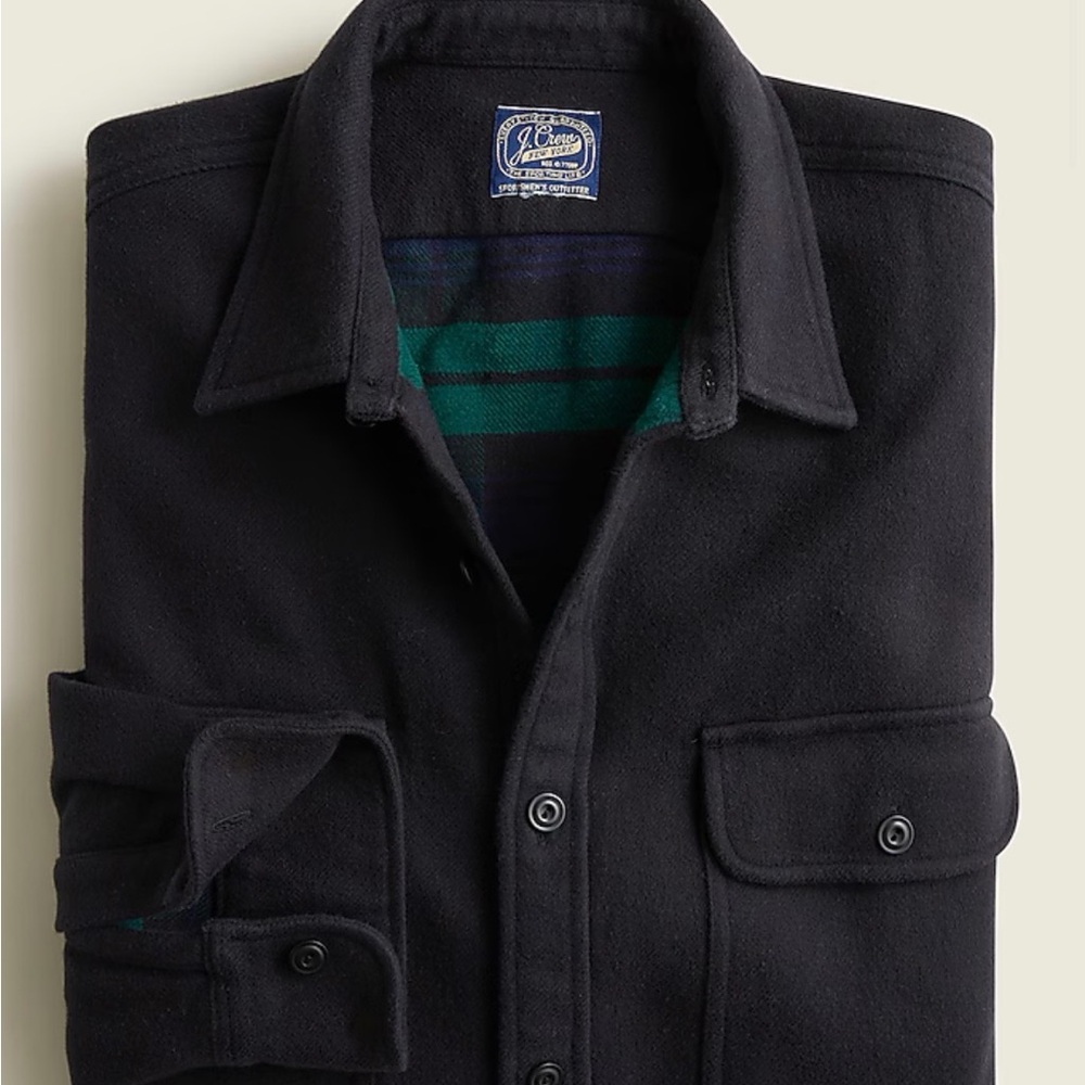J. Crew chamois work Shirt Jacket with Green Stripe Liner